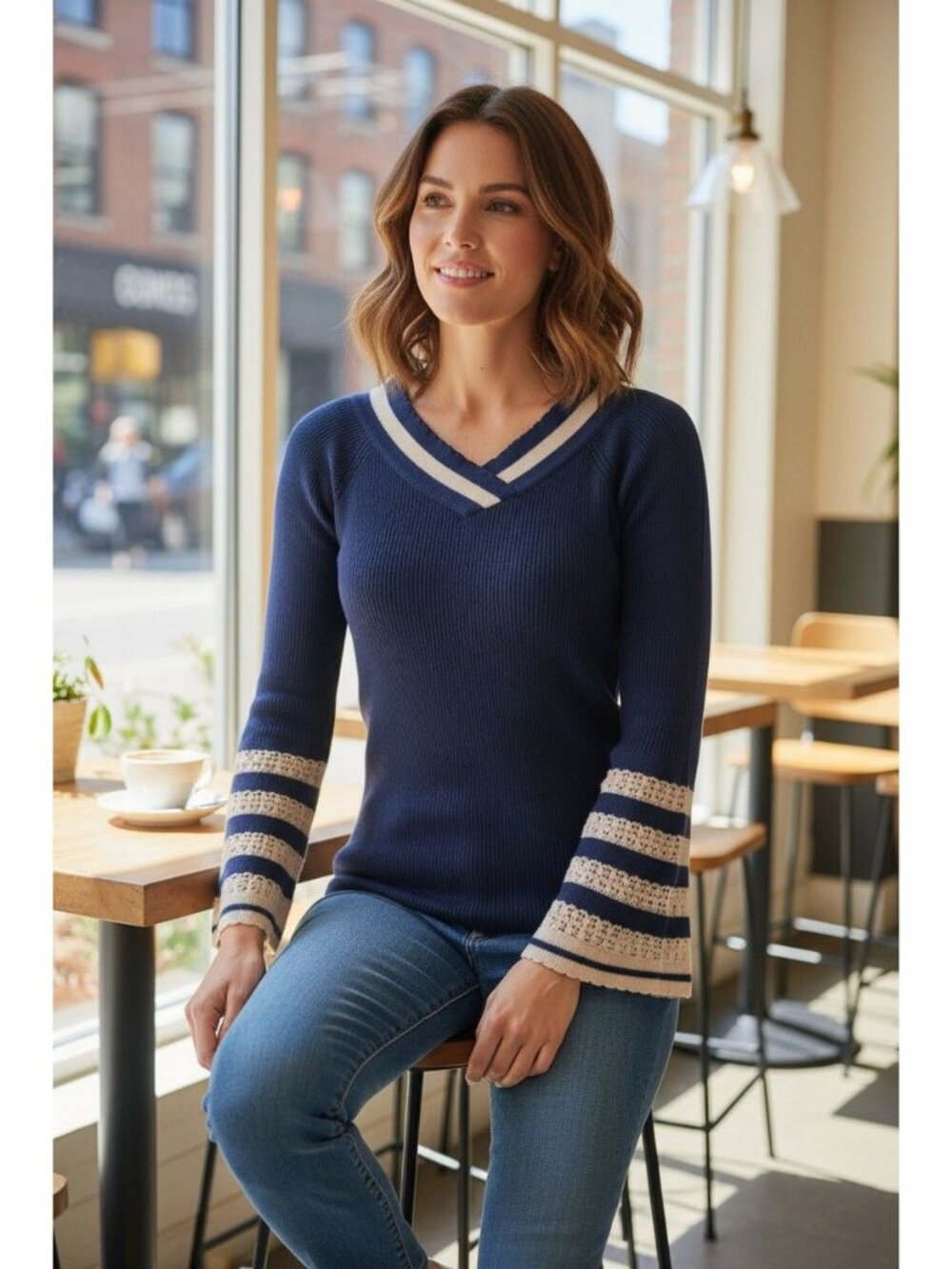 Blue Bell Sleeve Sweater With Lace Trim & V-Neck By DH New York Size M